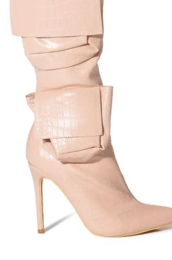 LEVEL UP OVER THE KNEE CROC STILETTO CARGO BOOT IN NUDE -AKIRA salestore level up over the knee croc stiletto cargo boot in nude nude 5 5