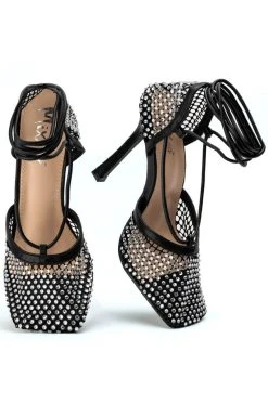 SUPERSTAR STATUS SQUARE TOE NETTED STRAPPY PUMP IN BLACK 9 SUPERSTAR STATUS SQUARE TOE NETTED STRAPPY PUMP IN BLACK -AKIRA salestore superstar status square toe netted strappy pump in black black 5 5